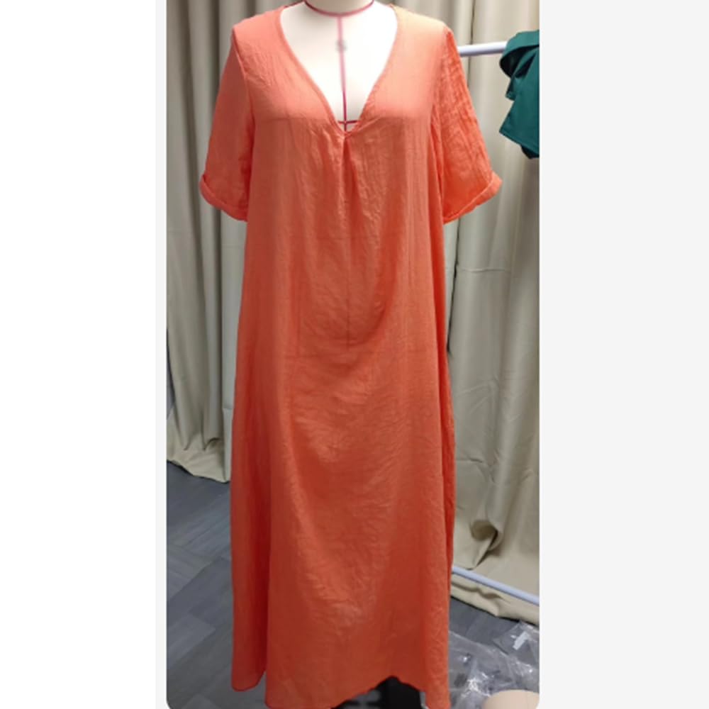 Frontaley Cotton and Linen V-Neck Midi Dress, Solid Casual Dress, Comfortable Holiday Style (Blue,10XL)