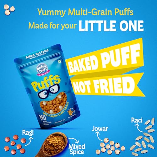 Image of BE'BE' BURP Healthy Puff Snacks | Multigrain Tangy Cheese |Baked Puffs, Not Fried, Protein Snacks | No Maida & Gluten-Free | Travel-Friendly | 35gms Each (Pack of 4)