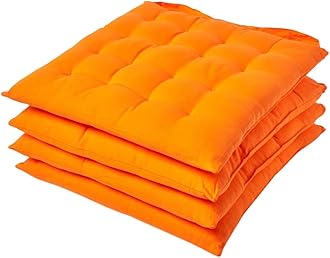 HOMESCAPES Orange Seat Pads for Dining Chair, Set of 4 100% Cotton Chair Pads with Straps, 40x40 cm
