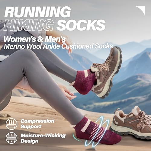 Image of 6 Pairs Merino Wool Ankle Running Hiking Socks Compression Support Breathable Thick Cushion No Show Socks for Women Men