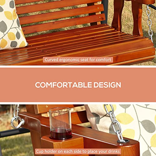 Outsunny Porch Swing With Stand And Cupholders, 2 Person Wooden Patio Swing Chair, 440 Lbs. Weight Capacity, For Garden, Poolside, Backyard, Brown #TOP4