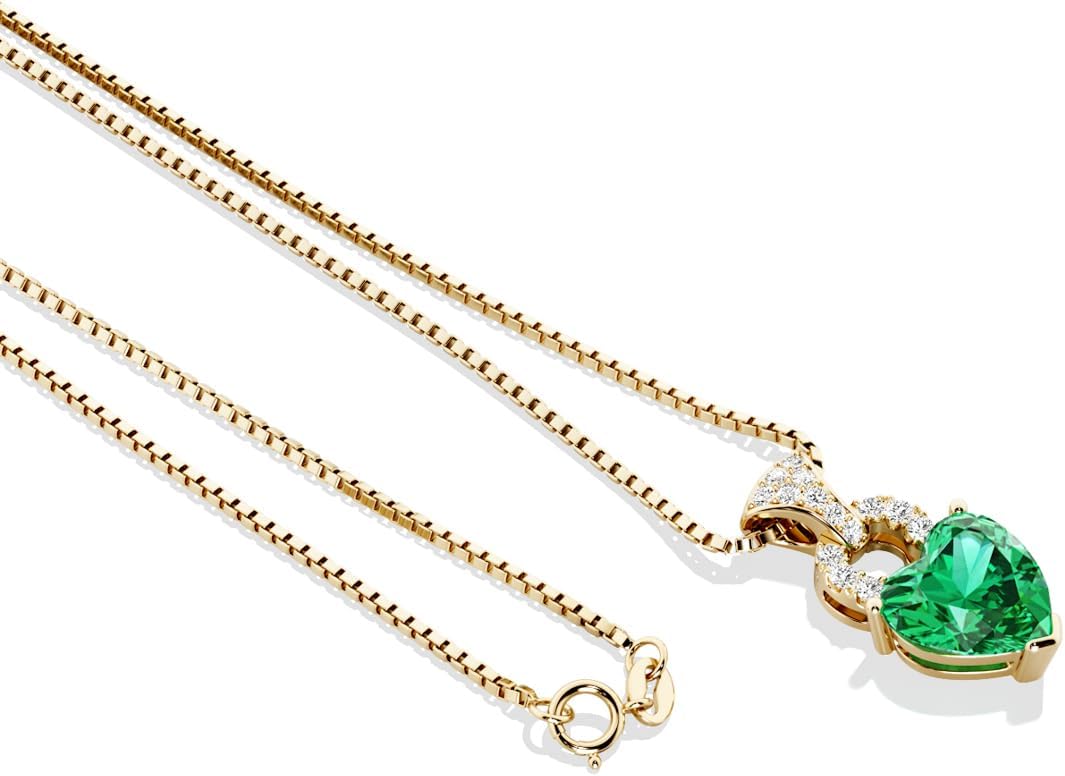 PEORA 14K Yellow Gold Created Colombian Emerald and Lab Grown Diamond Pendant, 1.88 Carats Total Heart Shape, Green Jewelry, May Birthstone, w/Box