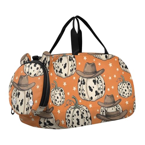 Halloween Cowboy Pumpkin Orange Print Kids Duffel Travel Bag Boys Girls Dance Bag Sport Ballet Gym Overnight Cheer Tote with Adjustable Straps
