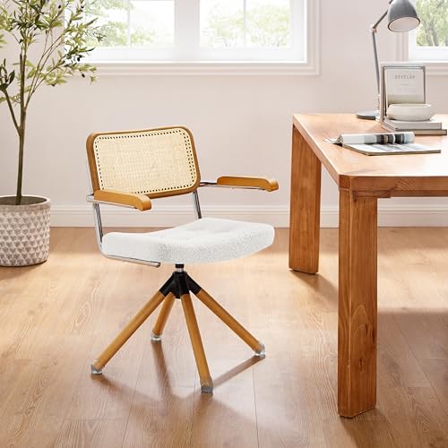 Art Leon Rattan Desk Chair, Mid Century Modern Swivel Accent Chair No Wheels, Fabric Upholstered Office Chair with Wood Legs, Armchair with Rattan Back for Home Office Living Room Bedroom, Off White