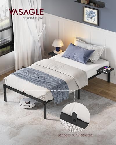 VASAGLE Doppelbettgestell, Bettrahmen, Bettgestell aus Metall, mit Aufbewahrungsregalen, Gästebett, passend für 90 x 200 cm Matratze, einfache Montage, tintenschwarz RMB092B01
