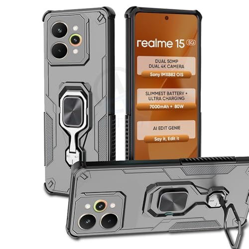 Image of AESTMO Armor Back Cover for Realme 15 5G / 15 Pro 5G | Ring Holder & Kickstand & Camera Protection in-Built | 360 Degree Protection Back Case Cover (Black