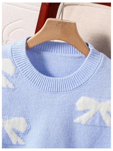 Image of BEAUDRM Girl's Cute Bow Sweater Crew Neck Long Sleeve Drop Shoulder Loose Pullover Tops