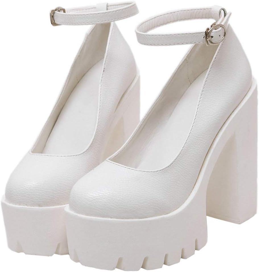 KOKOMOMO Womens Round Toe Platform Ankle Strap Pumps Chunky High Heels Goth Shoes