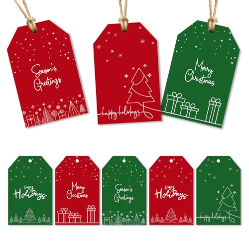 Paper Play - Christmas Gift Tags with String - 80 Red & Green Holiday Tags, 8 Minimal Line-Art Designs - 350gsm Christmas Name Tags for Gifts & Presents