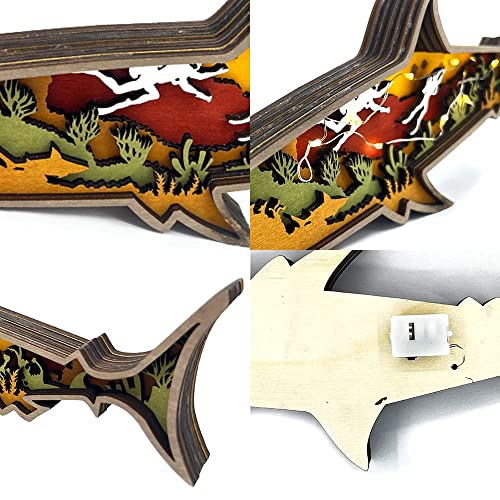 Annoomm Animal 12Inch Shark Decor,Wooden Home Shark Statues And Figurines,Shark Wall Ornament Multilayer Woodland,Shark Silhouette And Sculpture,Shark Decoration For Wall Shelf Wood(Shark+Light) #TOP1