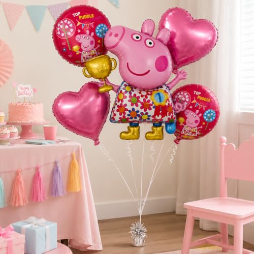 Image of Wanna Party Cute Pink Pig Floral Print Balloon Bouquet Set - 5PC Foil Balloon Decoration, Helium Supported for Kids Birthday, Farm Theme Party, Cake Table & Photo Booth Decor