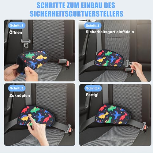 LAHAQIQI Gurtpolster fürs Auto, Kinder Gurtschoner polster, 2 Stück Sicherheitsgurt Set, Verstellbarer Schulterpolster mit Rutschfesten Positionierungsclip für Reisen(Dinosaurier schwarz)