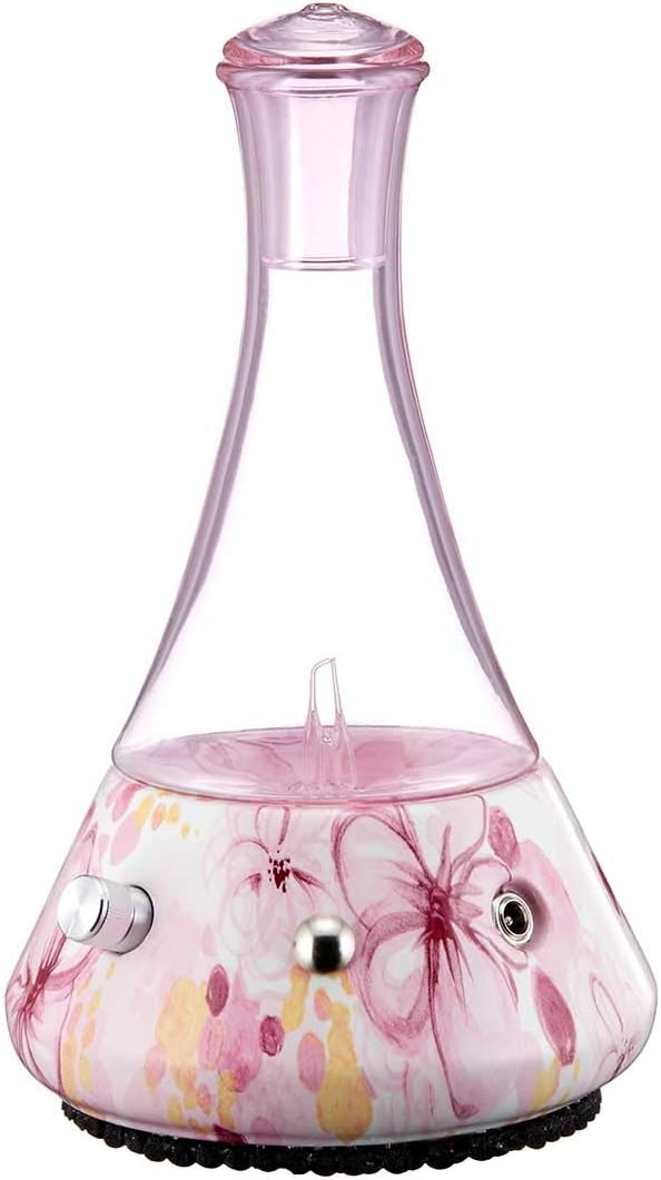 Opulence - Nebulizing Essential Oil Diffuser for Aromatherapy with Pink Floral Ceramic Base and Pink Hand-Blown Glass with Touch Sensor Light Switch - No Heat, No Water, No Plastic
