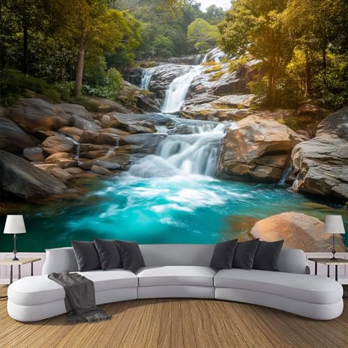 Fotomurales 150×105cm Cascada Del Bosque Tropical Papel Pintado Tejido No Tejido, Natural Roca Río Fotomural Efecto 3D Papel Tapiz Decorativos pared Murales Marrón Póster para Dormitorio Salón TV