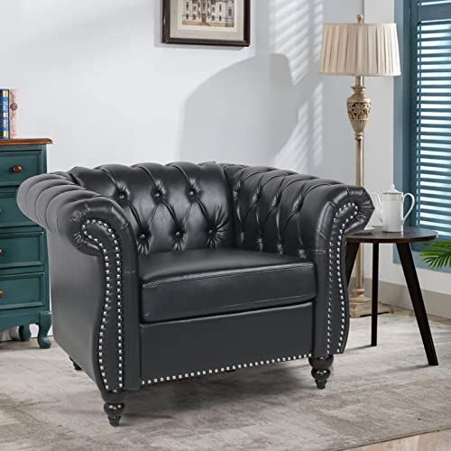 Miyzeal Chesterfield Chair Leather, Upholstered Single Sofa Chair, Accent Comfy Club Armchair With Nailheads And Solid Wood Legs, Mid-Century Tufted Lounge Chair For Home Bedroom Reading Room (Black) #TOP2