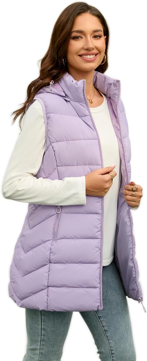 Long Puffer Vest for Women with Hood Lightweight Packable Sleeveless Vest for Spring, Fall & Winter