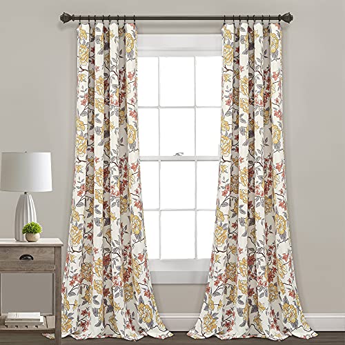 Cortinas Bohemias Lush Decor - 2 Paneles 84" Largo X 45" Ancho, Diseño Patchwork Floral, Color Naranja Y Azul Marino, Luz Natural