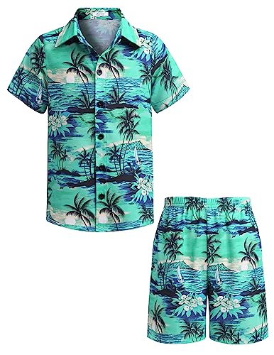 Arshiner Boys Shirt and Shorts Set Summer Short Sleeve Children Floral Two Pieces Clothing Sets Green Printed Palmshadow Clothing 7-8 Years