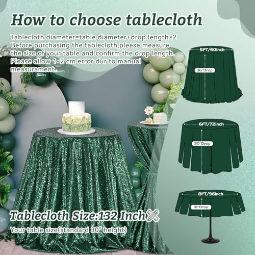 Image of B-COOL Round Tablecloth Party Decorations: 132 Inch Table Cloth Emerald Green Large Sequin Fabric Overlay for Indoor Outdoor Dining Parties St. Patrick's Day Graduation
