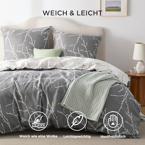 BEDSURE Bettwäsche 155x220 3teilig Mikrofaser - Grau Zweige, 2x80x80 Kissen – Ansicht 2