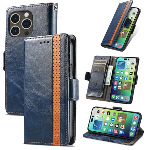Housse iPhone 13 Pro Max bleu protection antichoc : étui portefeuille cuir à rabat