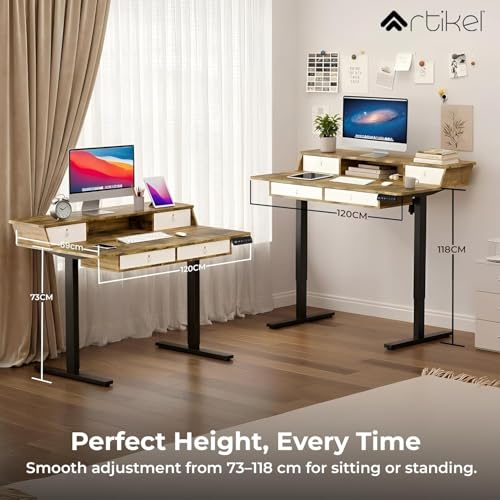 Image of ARTIKEL Valor Electric Height Adjustable Standing Desk with Storage Drawers & Shelves| Sit-Stand Desk for Home Office |Ergonomic Workspace Table (Brown, Valor (120 * 69cm))