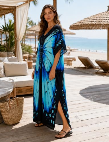 Image of sunforyou Kaftan Dresses for Women Plus Size Lightweight Swimsuit Cover up Batwing Sleeve Print Loungewear Beach Robe