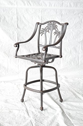 Palm Tree Outdoor Patio Set 4 Pc Swivel Bar Stools Dark Bronze Cast Aluminum (30", Sunbrella Sesame) #TOP7