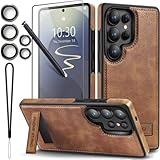 Razstorm for Galaxy S25 Ultra Leather Case, Built-in Foldable Alloy Stand, with Camera Lens and Screen Protector, Slim Shockproof Kickstand Phone Cover 2025 (Brown)