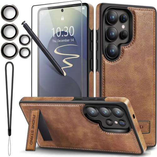 TRUIRON for Galaxy S25 Ultra Leather Case with Hidden Alloy Stand, Vintage Leather Kickstand Phone Case, with Camera Lens and Screen Protector (Brown) by TRUIRON - Used condition - US$11.88
