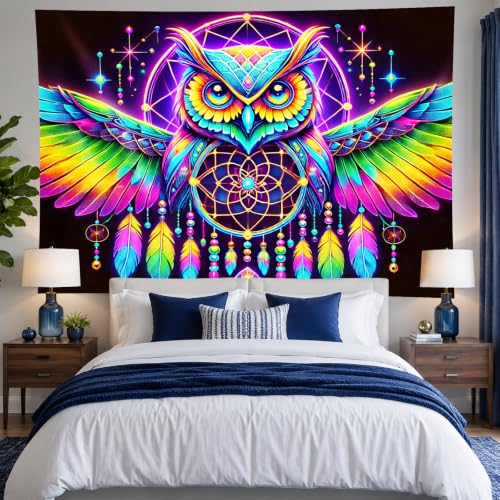 Image of BlissYard Owl Tapestry Blacklight Tapestry 79x59 Inch Trippy Wall Hanging | Trippy Decration with Uv Reactive Colors for Bedroom Dorm and Party Walls