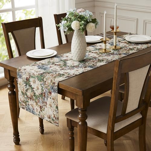 LINENZONE 96 Inch Table Runner with Mums Flower Design. (Dina 16 x 96)