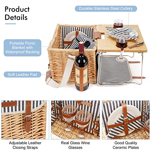 Wicker Picnic Basket for 2 with Detachable Table, Elasticated Wine Holder, Shoulder Carrying Willow Picnic Hamper Set with Premium Tableware & Blanket for Outdoor, Wedding, Anniversary, Birthday Gift