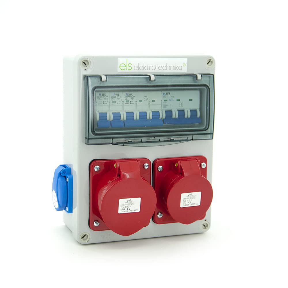 ELS Elektrotechnika Distribuidor de pared con 8 cajas de distribución con 2 enchufes Schuko de 230 V + 1 interruptor LS, 1 CEE 16 A + LS, 1 CEE 32 A + LS, cableado, listo para conectar para garaje,