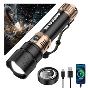 SKYFIRE LED Taschenlampe Extrem Hell 900000lm & Feuerzündungs-Linse,Taschen... USB Aufladbar 4 Helligkeitsstufen,Starke Taschenlampen Zoombar Flashlight für Camping, Notfälle &Geschenke