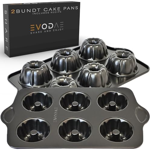 EVODAE® Mini Bundt Cake Pans for Baking – Set of 2 – 6 Cups Each (12 Cups Total) – Nonstick Black Carbon Steel – Heavy-Duty & Built to Last – Carefully Packaged in a Clean Black Box – PFOA & PTFE Free  