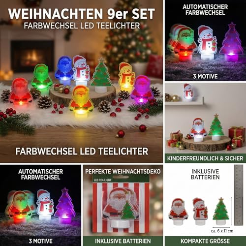 Bougies chauffe-plat LED de Noël MIJOMA à changement de couleur, lot de 9 avec piles