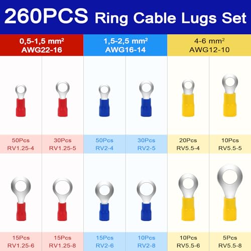 Mexgcom 260 Pcs Kabelschuhe, 0,5-6mm² Ringkabelschuhe Set, Ø M4/M5/M6/M8, Kabelschuhe Crimpverbinder Quetschverbinder Sortiment, Elektrische Steckverbinder (RV-260PCS)