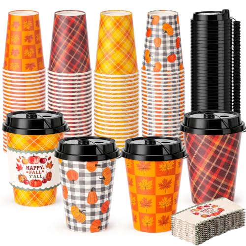 Lallisa 100 Pack 12 oz Fall Coffee Cups with Lids and Sleeves