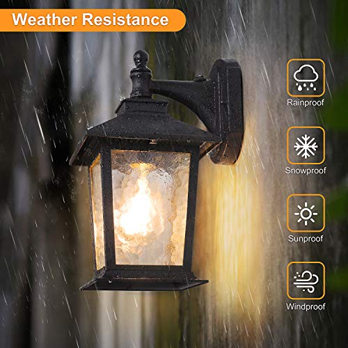 WENFENG Outdoor Wall Light Fixtures with Dusk to Dawn Sensor, Anti-Rust Matte Black, Water Glass Shade, Exterior Mount Lantern for Porch, Garage, Patio