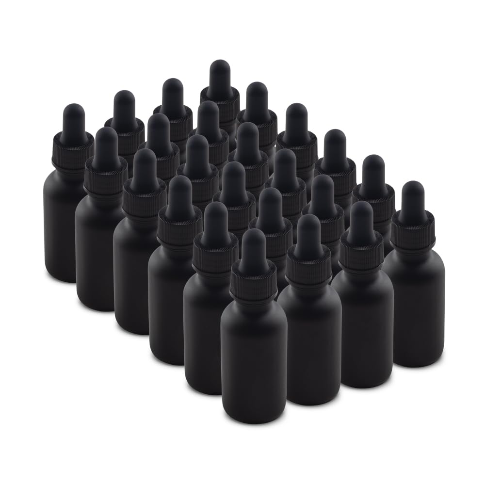 The Bottle Depot 7 Colors Available Bulk 24 Pack 1 oz Black Glass Bottles With Dropper; Wholesale Quantity for Essential Oils, Serums with Pretty Frosted Finish to Protect and Preserve Quality