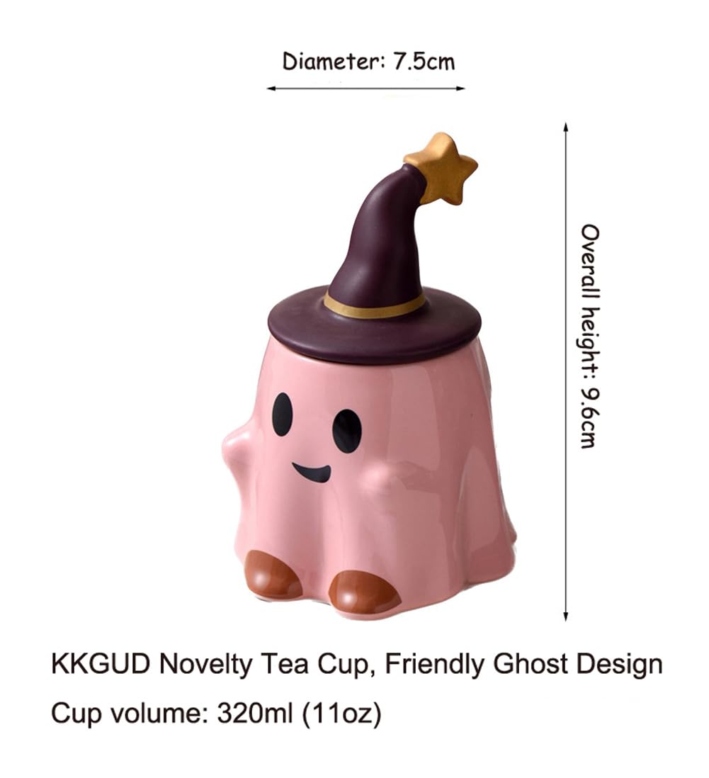 KKGUD Novelty Tea Cup, Ceramic 11oz Halloween Coffee Mug with Lid- Friendly Ghost (Pink), Friendly Ghost- Pink, Normal - Image 2