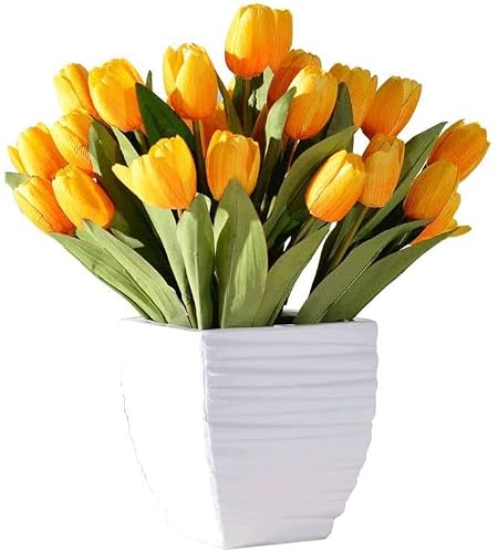 XDLEDMKIZ artificial flower Yellow Tulip Artificial Flower with Ceramic Vase Fake Flower Set for Home Office Wedding Plastic Flower Decoration Home Centerpieces