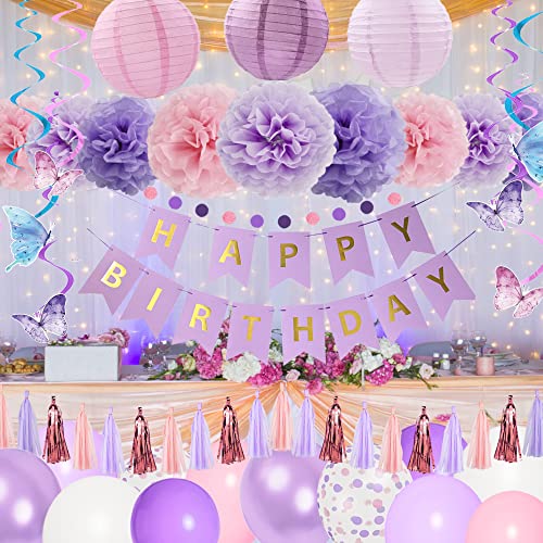 Amandir Purple Birthday Decorations For Women Girl Butterfly Birthday Party Decorations Supplies Pink And Purple Balloons Happy Birthday Circle Dots Banner Butterfly Hanging Swirl Paper Lanterns Pom #TOP6