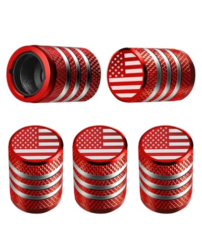 Tire Valve Stem Cap Cover - (5 Pack) Tire Air Cap Metal with Plastic Liner Corrosion Resistant Leak-Proof American Flag for Car Truck Motorcycle Bike Red