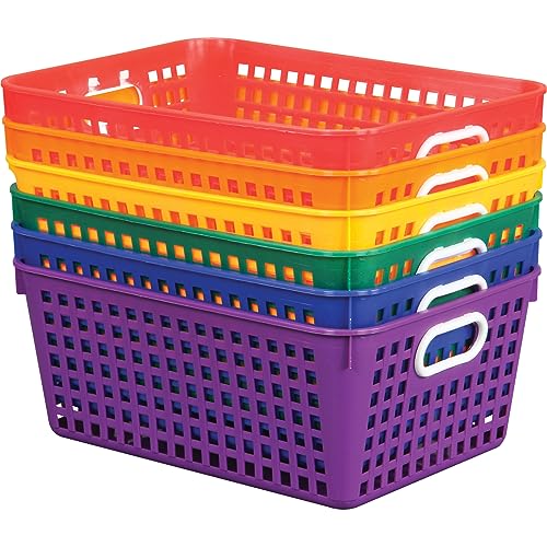 Image of Really Good Stuff Large Plastic Storage Baskets with Handles | 13.75 inch x 9.75 inch x 5 inch, Rainbow Group Colors, Book & Supply Organization for Classrooms & Home
