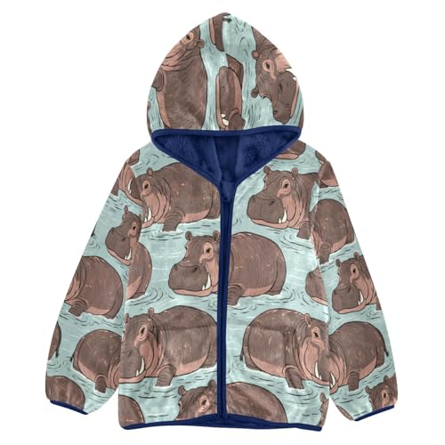 Hippo Pattern Print on Fabric Toddler Fleece Jacket Girl Boys Hooded Fleece Jacket Coat Warm Outwear Zip-up 3-10T