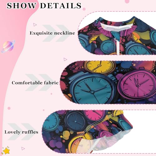 Colorful Alarm Clock Pattern Girls One Piece Rash Guard Swimsuit, Girls Long Sleeve Swimwear for 3-12Y4