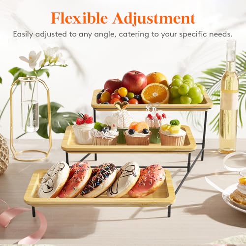 Lifewit Etagere 3 Etagen, Bambus Servierplatte 30 x 17 cm/12x 6.5, Serviertablett mit Schwarzer Metallständer für Party Buffet Zubehör, Große Tabletts Displayständer für Gemüse Obst Desserts, Schwarz