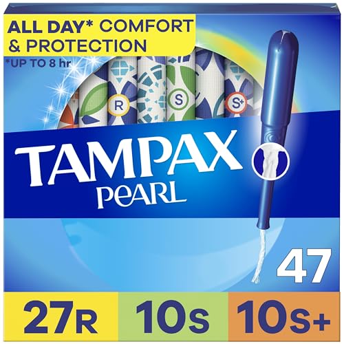 Tampax Pearl Tampons for Women Multipack, with LeakGuard Braid, Regular/Super/Super Plus Absorbency, Unscented, 47 Count